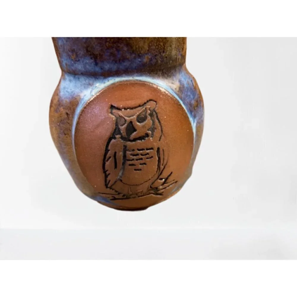 Phil Walsh Ceramic Drip Glazed Candle Holder Owl Engraved Brown Blue 3 1/2